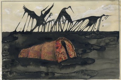 Ekologická katastrofa: naolejovaní ptáci na pláži po potopení ropného tankeru nebo ropné plechovky přeladěné na pláži Ilustrace Alessandro Lonati od Alessandro Lonati