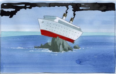 Ekologia: Nooan kaari saastuttavana risteilyaluksena, joka on jäänyt riuttalle Kuvitus: Alessandro Lonati od Alessandro Lonati
