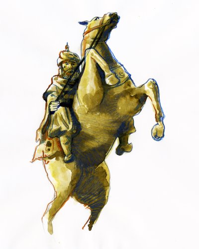 Jezdecký portrét Oqba ibn Nafi Al Fihri (622-683) - (Uqba ibn Nafi nebo Oqba ibn Nafi, Uqba ibn Nafe, Uqba ibn al Nafia nebo Akbah arabský generál) Kresba od Alessandro Lonati