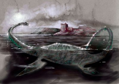 Fantastická monstra a stvoření, kryptozoologie: reprezentace Nessie, lochneské příšery ve Skotsku - kresba Alessandra Lonatiho, 2012 od Alessandro Lonati