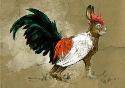 Fantastisia hirviöitä ja olentoja, kryptozoologia: esitys Skvaderista, Ruotsin kuvitteellisesta olennosta, puolivälissä jäniksen ja suuren kanervakukon välillä, sen loi vuonna 1918 taksidermisti Rudolf Granberg - Piirustus Alessandro Lonati, 2012 od Alessandro Lonati