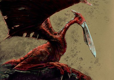 Upeita hirviöitä ja olentoja, kryptozoologia: kongamato, haihtuva pterosauruksen kaltainen olento, jonka sanotaan nähneen Mwinilungan alueella Länsi-Sambian Jiundun suoilla - piirros Alessandro Lonati, 2012 od Alessandro Lonati