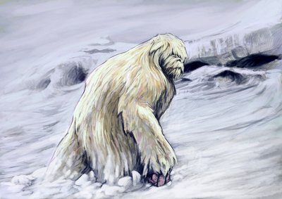 Fantastická monstra a stvoření, kryptozoologie: reprezentace yettiho nebo antropomorfního stvoření „ohavného sněhuláka“ z folklóru himálajské oblasti (Yeti nebo ohavný sněhulák je opičí kryptid, o kterém se říká, že obývá himálajskou oblast Ne od Alessandro Lonati