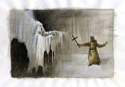Boj mezi mnichem držícím krucifix a duchem Ilustrace Alessandro Lonati od Alessandro Lonati