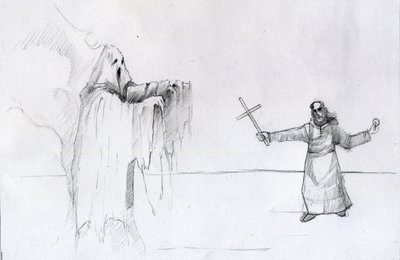 Boj mezi mnichem držícím krucifix a duchem Ilustrace Alessandro Lonati od Alessandro Lonati