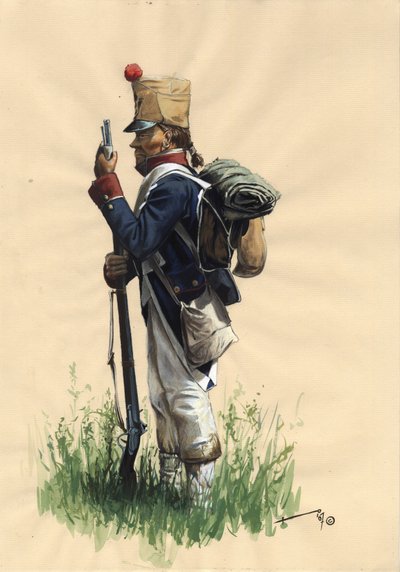 Ensimmäinen valtakunta (1804-1814 ja 1815): Suuren Napoleonin armeijan ranskalainen jalkaväen sotilas maalaispuvussa od Alessandro Lonati