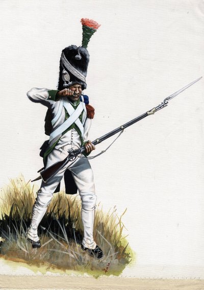 První císařství (1804-1814 a 1815): Velite voják z velké napoleonské armády v Itálii otevírá náboj. Kresba Alessandro Lonati od Alessandro Lonati