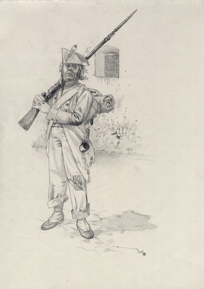 První císařství (1804-1814 nebo 1815): voják napoleonské armády, pěšák voják brigády jezdců v pevnosti. Kresba Alessandro Lonati od Alessandro Lonati