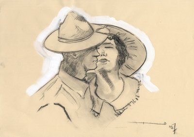 Ensimmäinen maailmansota 1914-1918: Amerikan armeijan GI tai GI jätti morsiamensa mennäkseen taisteluun. Piirustus Alessandro Lonati od Alessandro Lonati