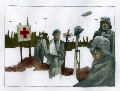 První světová válka: Gules cassees a váleční zranění v čele záchranné stanice Červeného kříže - 1914-1918 Ilustrace Alessandro Lonati od Alessandro Lonati