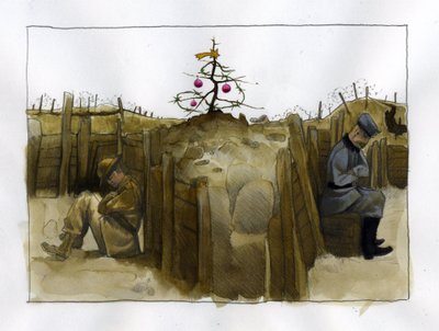 První světová válka: osamělost dvou nepřátelských vojáků, Britů (vlevo) a Němců v zákopu, v době Vánoc 1914-1918 Ilustrace Alessandro Lonati od Alessandro Lonati