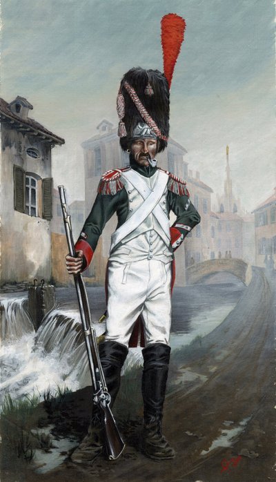 První impérium (1804-1814 a 1815): Italští granátníci poblíž milánského kanálu s katedrálou v pozadí. Kresba Alessandro Lonati od Alessandro Lonati