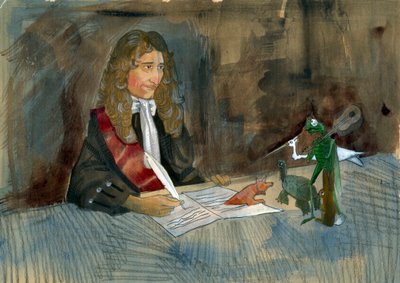 Francouzský spisovatel Jean de la Fontaine se dívá na postavy svých bajek Ilustrace Alessandro Lonati od Alessandro Lonati