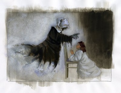 Duch postarší jeptišky s křivýma rukama se zjevuje malé dívce, která se modlí Ilustrace Alessandro Lonati od Alessandro Lonati