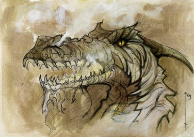 Ilustrace fantastického a legendárního zvířete: dračí hlava odmítající kouř tlamou. Barevná kresba Alessandra Lonatiho. od Alessandro Lonati