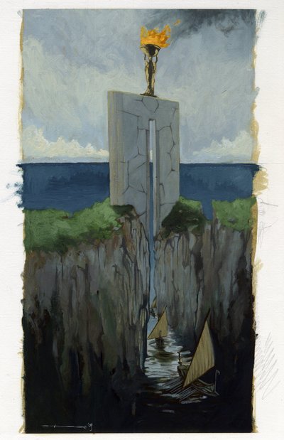 Ilustrace mýtu o ostrově zmizelém pod Atlantským mořem (Atlantis): brána do řeckého města legendárního ostrova před jeho zmizením. Lodě proplouvají mezi dvěma útesy. Barevná kresba Alessandra Lonatiho. od Alessandro Lonati