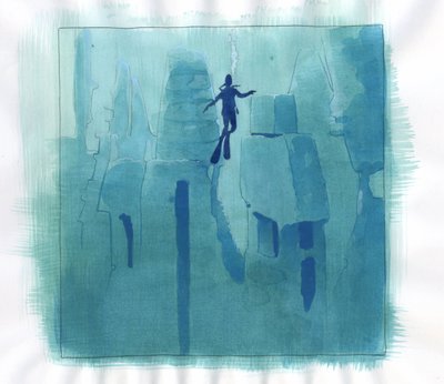 Ilustrace mýtu o ostrově zmizelém pod mořem Atlantidy: ruiny legendárního ostrova v hlubinách moře. Barevná kresba Alessandra Lonatiho. od Alessandro Lonati