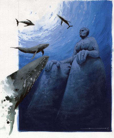 Kuva saaren myytistä katosi Atlantismeren alle: valaat meren syvyyksissä legendaarisen saaren raunioiden ympärillä. Väripiirustus Alessandro Lonati. od Alessandro Lonati