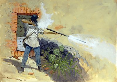 Italské tažení: rakouský pěšák zahajující palbu v bitvě u Solferina mezi rakousko-uherskou říší Francois-Joseph (Francois Joseph) I. Rakouska a francouzsko-sardinskou koalicí Napoleona III. a Viktora Emmanuela II (Victor-Emmanu) od Alessandro Lonati
