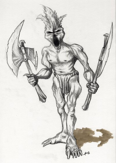 Legendární monstrum pro Fantasy Ilustrace: trolí válečník se sekerami. Kresba Alessandro Lonati od Alessandro Lonati