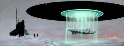 Setkání na severním pólu mezi ponorkou a létajícím talířem (UFO, UFO nebo mimozemšťan) za účelem navrácení ponorky zabrané mimozemšťany během války. Kresba Alessandro Lonati od Alessandro Lonati