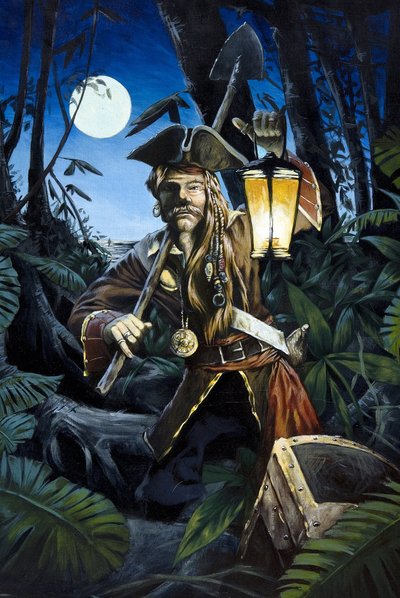 Pirát z Karibiku s lucernou, v noci, skrývá svůj poklad v lese na ostrově. Barevná kresba Alessandra Lonatiho. od Alessandro Lonati