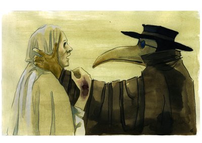 Doktor moru na sobě masku podobnou zobáku, která byla před obětí plná aromatických předmětů od Alessandro Lonati