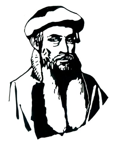 Johannes Gensfleisch dit Gutenbergin (1400-1468) muotokuva, saksalainen kirjapaino (Johannes Gutenbergin muotokuva) Kuvitus: Alessandro Lonati od Alessandro Lonati