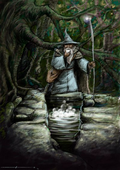 Znázornění druida pijícího u nádherné fontány Barenton, v lese Broceliande - Ilustrace Alessandro Lonati - 2012 - od Alessandro Lonati