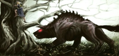 Představení legendárního bete z Gevaudan útočícího na holčičku sedící na stromě. Ilustrace Alessandro Lonati, 2010. od Alessandro Lonati
