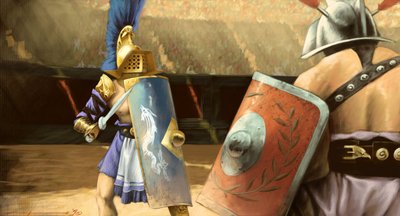 Římské umění: souboj gladiátorů mezi gladiátorem mirmillo (vlevo) a thracem v amfiteátru. Kresba Alessandro Lonati od Alessandro Lonati