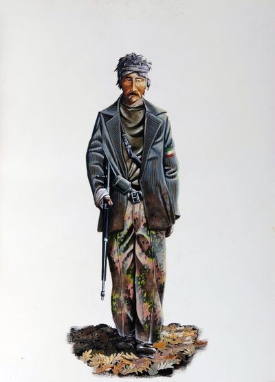 Toinen maailmansota: Italian vastarintaliikkeen (maquis tai sissit, partisaani) (Resistenza Italiana) jäsen, yllään naamiointipuku ja ase konekiväärillä. 1943-1945. Kuvitus Alessandro Lonati od Alessandro Lonati