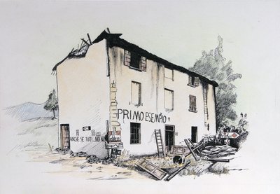 Druhá světová válka: pohled na zničený dům v okupované Itálii. Kresba Alessandro Lonati od Alessandro Lonati
