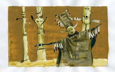 Šamanismus: duchovní obřad zaměřený na zprostředkování mezi lidskými bytostmi a přírodními duchy - šaman a jeho totemy Ilustrace Alessandro Lonati od Alessandro Lonati