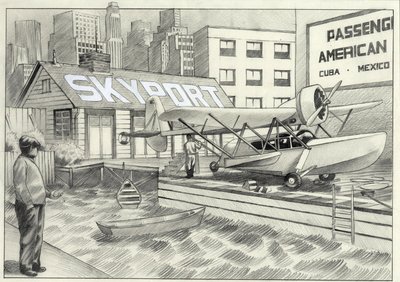 USA, New York: pohled na námořní letiště s hydroplánem čekajícím na dekolaci v 50. letech 20. století. Kresba Alessandro Lonati od Alessandro Lonati