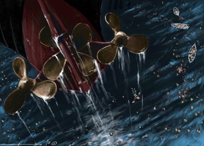 Pohled na šroubovice transatlantického parníku Titanic v době potopení 14. a 15. dubna 1912. Ilustrace Alesandro Lonati. 2010 od Alessandro Lonati