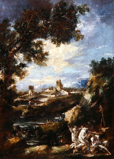 Krajina s karmelitánskými mnichy modlícími se ve svatyni u silnice, kolem roku 1720 (olej na plátně) od Alessandro Magnasco