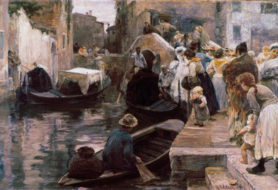 "Svatba v Benátkách"" Novomanželé jezdí na gondole. Obraz Alessandra Milesiho (1856-1945) 1897 Řím. Galleria Nazionale d