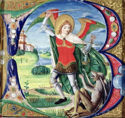 Historická iniciála „B“ zobrazující svatého Michaela a draka, 1499-1511 od Alessandro Pampurino