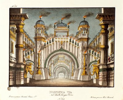 Chrám v době Čingischána Scénografie pro balet „“ Genis-Kan “ italského choreografa Giovanniho Galzeraniho (1780-1865) (1828). Litografie ve „“ Sbírce scénických vynálezů z roku 1830 od Alessandra Sanquirica (1777-1849) ““. milánský privát od Alessandro Sanquirico