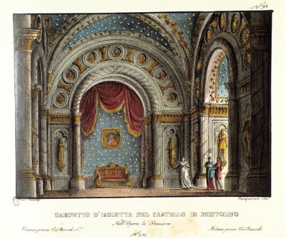 Isolettin kabinet na zámku Montolino v Bretani Scénografie pro představení opery „La straniera“ (1828) Vincenza Belliniho v Teatro alla scala v roce 1829. Litografie v „“ Sbírka scénických vynálezů z roku 1830 od Alessandra Sanquirica od Alessandro Sanquirico