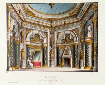 Soukromé apartmány Julie Scénografie pro představení v Teatro Carcano v roce 1829 opery „Giulietta e Romeo“ (Julie a Romeo) (1796) Niccola Antonia Zingarelliho po kusu „Romeo a Julie““ od Williama Shakespeara. Litografie v „“ Rac od Alessandro Sanquirico