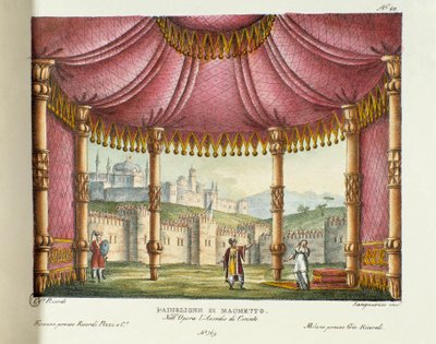 Mohamedův pavilon (2. dějství) Scénografie pro představení opery „Obležení Korintu“ (neboli Obležení Korintu) Gioacchina Rossiniho (nebo Gioachina) (1826) v Teatro alla scala v Miláně v roce 1829. Litografie ve „“ Sbírce vynálezů od Alessandro Sanquirico