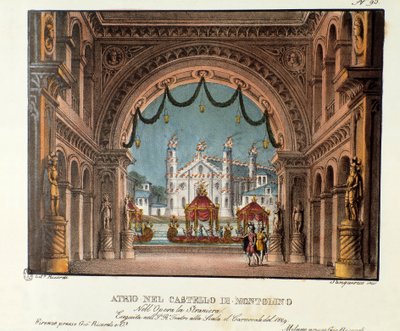 Předsíň hradu Montolino v Bretani Scénografie pro představení opery Vincenzo Belliniho „La straniera“ (1828) v Teatro alla scala v roce 1829. Litografie v „“ Sbírka scénických vynálezů z roku 1830 od Alessandra Sanquiriho od Alessandro Sanquirico