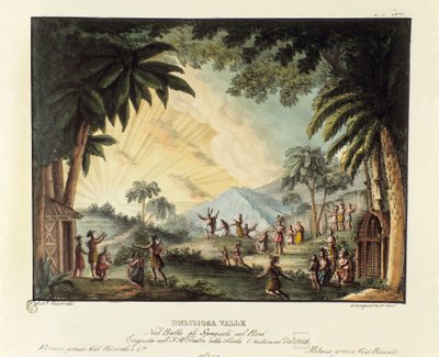 Pohled na lahodné údolí v době dobývání Nového světa španělskou scénografií pro balet „Španělé v Peru“ od italského choreografa Giovanniho Galzeraniho (1780-1865) (1828). Litografie ve sbírce scénických vynálezů d od Alessandro Sanquirico