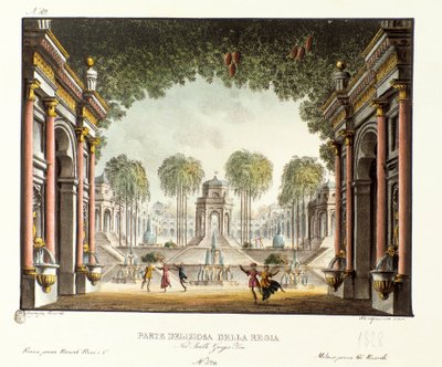 Pohled na Královský dvůr paláce Čingischána Scénografie pro balet „“ Genis-Kan “ od italského choreografa Giovanniho Galzeraniho (1780-1865) (1828). Litografie v "" Sbírka scénických vynálezů z roku 1830 od Alessandra Sanquirica (1777-1849) " od Alessandro Sanquirico