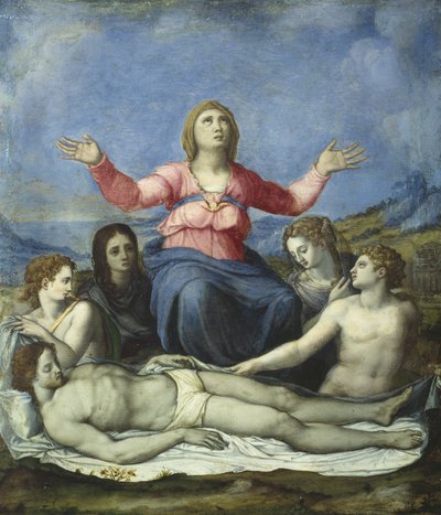 Oplakávání nad mrtvým Kristem (olej na slitině olova) od Alessandro attr. to Allori
