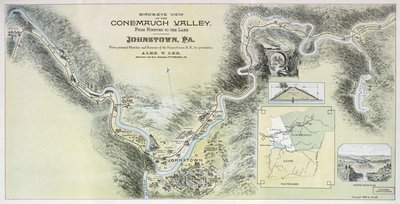 Pohled z ptačí perspektivy na údolí Conemaugh od Ninive k jezeru, Johnstown, PA: z osobních náčrtů a průzkumů Pensylvánie R.R. se svolením od Alex. Y.; Pennsylvania Railroad Lee