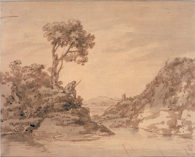 Krajina s postavou na břehu bazénu (akvarel, sépie a mytí) od Alexander Cozens
