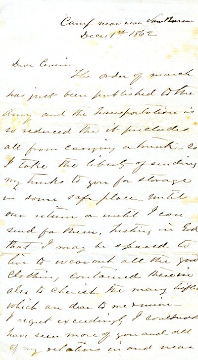 Dopis podepsaný A.E. Steenovi, tábor poblíž Van Burenu, jeho sestřenici paní Mary Walkerové, Van Buren, Ark., 1. prosince 1862 od Alexander Early Steen
